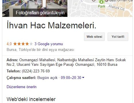 İhvan Hac Malzemeleri Google Rehber Kaydı