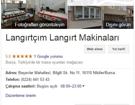 Langırtçım Oyun Makinaları Google Rehber Kaydı