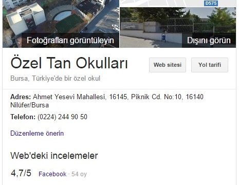 Tan Okulları Google Rehber Kaydı