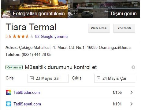 Tiara Termal Hotel Google Rehber Kaydı