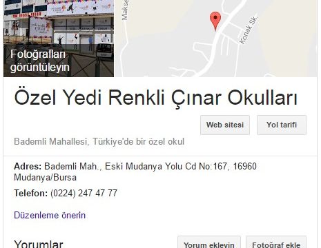 Yedi Renkli Çınar Okulları Google Rehber Kaydı